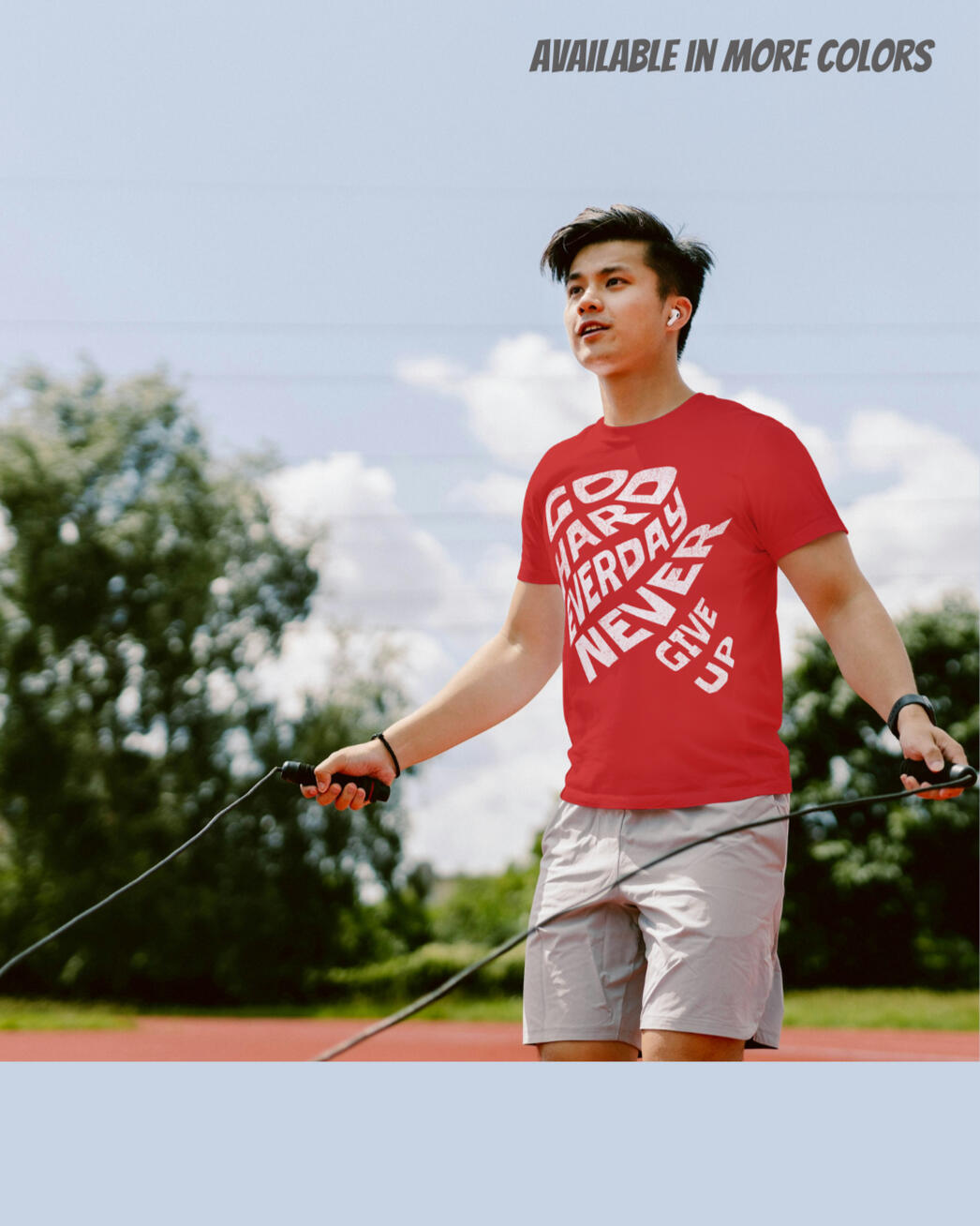 Go Hard Never Give Up – Motivational Bold Typography Design T-Shirt An athlete wearing a Go Hard Never Give Up – Motivational Bold Typography Design T-Shirt